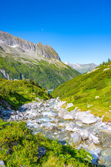 Rocky alpine stream on sunny summer day