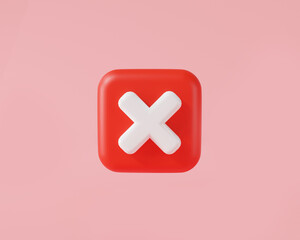 Obraz premium 3d red wrong mark icon in a square isolated on pink background. Cross symbol, Blot and ban icon, wrong, rejection, incorrect and disapproval, Against and refusal. 3d minimal rendering illustration