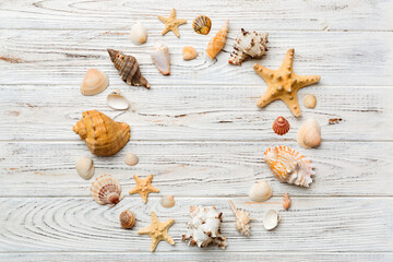 Summer time concept on colored background. Seashells from ocean shore in the shape of frame separated with space for text top view
