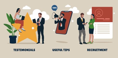 Specialist recruitment, useful tips, testimonials metaphors. Customer feedback, online service rating web icons set. Helpful information and support.  Vector isolated concept metaphor illustrations