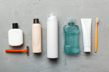 Mockup for bathing products top view flat lay, spa razor, toothpaste, soap, gel and other various accessories. Cosmetics for skin health. Bath Mockup for your logo