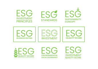 ESG environmental social corporate governance icon set. ESG standards and principles, ESG business quality score, ESG investment, sustainable development goals SDG symbol sign pack. Green eco friendly