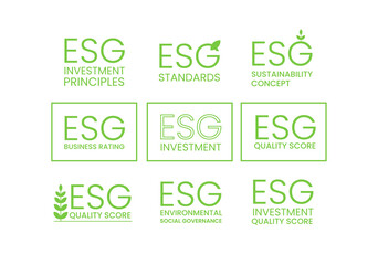 ESG environmental social corporate governance icon set. ESG standards and principles, ESG business quality score, ESG investment, sustainable development goals SDG symbol sign pack. Green eco friendly