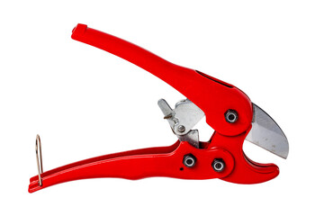 Plumber tools isolated. Closeup of a red PVC pipe cutter for cutting PE pressure pipe or water pipe...