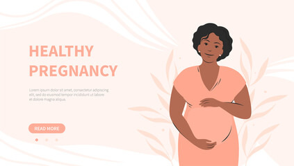 Pregnancy banner. Pregnant woman with dark hair and skin, future mom. Vector illustration.