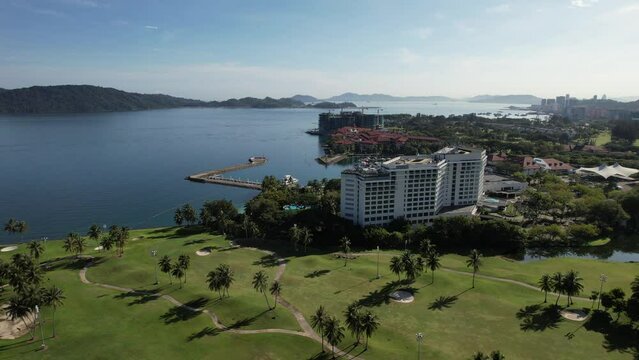Kota Kinabalu, Sabah Malaysia &ndash; June 15, 2022: The Tanjung Aru Beach, Fisherman Village and Shangri-La Hotel