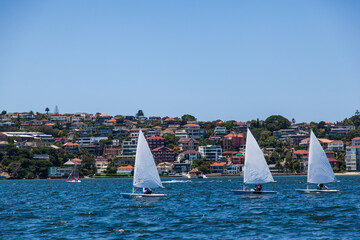 Fototapeta premium People on small boats with sails against the background of the city.