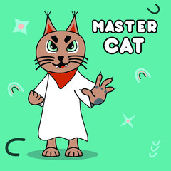 Cute master cat hero character. Funny hero cat character with slogan - master cat. Vector illustration