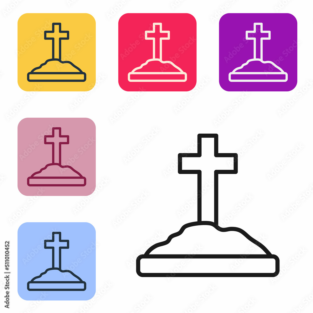 Poster black line grave with cross icon isolated on white background. set icons in color square buttons. ve
