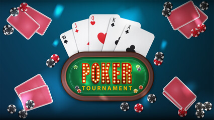 Poker tournament, blue banner with poker table with symbol with lamp bulbs, playing cards and poker chips