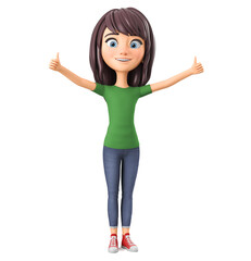 Cartoon character girl in a green t-shirt showing two thumbs up. 3d render illustration.
