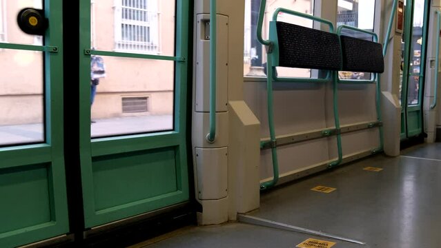 interior of an empty tram traveling