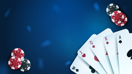 Casino playing cards and poker chips on blue background, top view