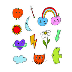 Set of childish retro style elements. Set of stickers. Vector illustration.