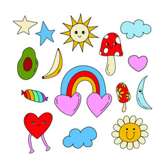 Set of childish retro style elements. Set of stickers. Vector illustration.