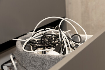 Bunch of different wires and adapters a tangled bundle of wires sockets plugs charging stations