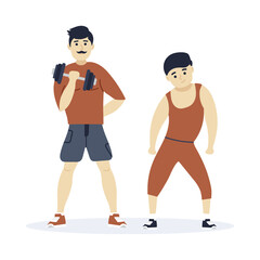 Two young sportsmen on white background. Healthy lifestyle. Workout. Fitness and bodybuilding. Vector illustration in flat style