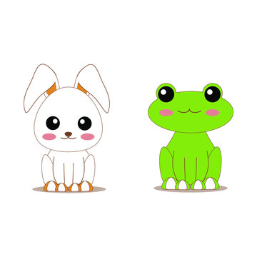 Character cartoon design. Kawaii rabbit, frog character. Vector illustration.