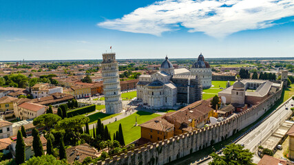 Aerial view at tower of Pisa in Italy on a sunny day