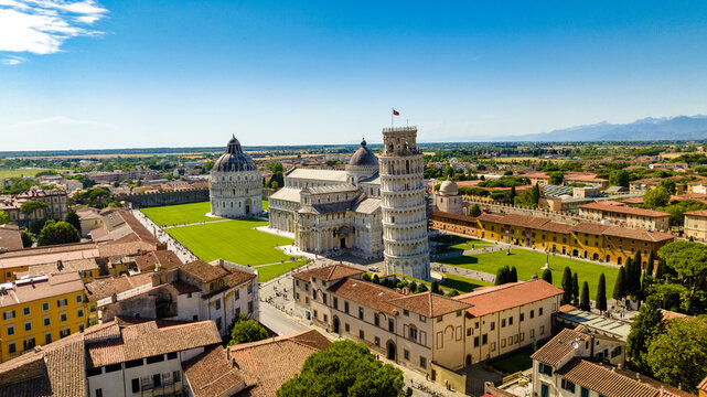 Aerial view at tower of Pisa in Italy on a sunny day