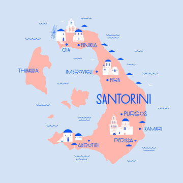 Decorative map of Santorini Island with traditional white windmills and blue roofed temples. Vector illustration isolated.