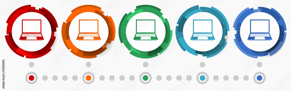 Poster Laptop, notebook concept vector icon set, modern design abstract web buttons in 5 color options, infographic template for webdesign and mobile apps