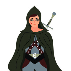 Warrior woman character with one sword behind the back. Girl knight in a hood is dressed in raincoat. Vector illustration