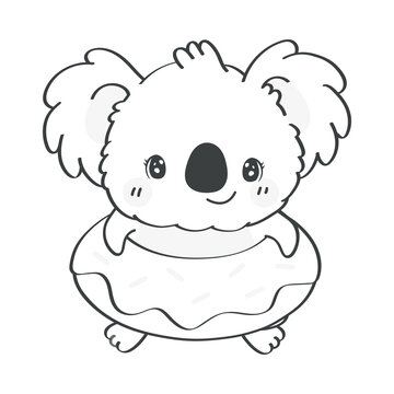 Cute Clipart Koala Bear Black and White Illustration in Cartoon Style. Cartoon Clip Art Coloring Page Koala in a Lifeline. Vector Illustration of an Animal for Stickers, Baby Shower Invitation