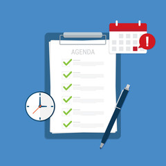 Agenda list on clipboard. Meeting agenda. Reminder with a event list and schedule. Presentation with memo.