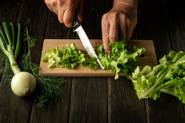 Close-up of a chef hands cut green leaves lettuce on a cutting board with a knife for preparing...