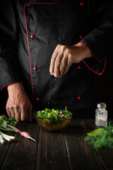 The chef adds salt to a fresh vegetable salad. Cooking vegetarian food in the kitchen. Menu recipe for restaurant or hotel