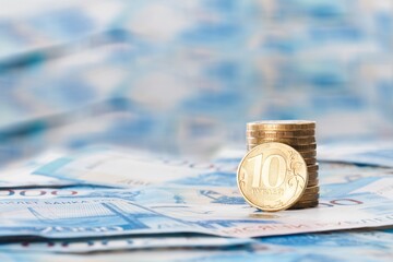 Russian ruble. The rise of the ruble exchange rate. Payment for gas in Russian currency concept.