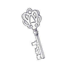 Vintage old door key. Outlined etched engraved antique locking item drawn in retro style. Isolated medieval ornated forged object. Handdrawn detailed black and white sketch vector illustration