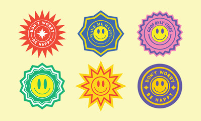 Cool Trendy Patches Vector Design. Abstract background with stickers. Good Vibes, Positive Energy and Good Luck Badges.