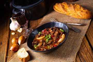 classic beef goulash with peppers and onions