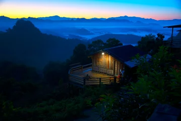 Foto op Canvas Cabins, shelters and stars at morning, Baan JABO Mae Hong Son, Baan JABO one of the most amazing Mist in Thailand. © tonjung