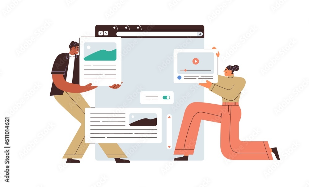 Fototapete UI UX design of website page interface. Web designers creating layout of webpage elements. People making, arranging visual and text content. Flat vector illustration isolated on white background