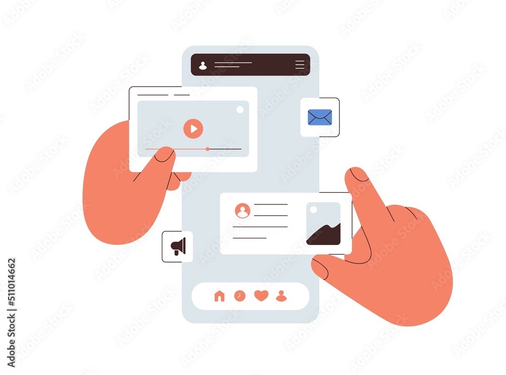 Fototapete Ui UX design of mobile phone application. Hands creating abstract social media app interface, making layout, arranging content on web platform. Flat vector illustration isolated on white background