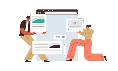 UI UX design of website page interface. Web designers creating layout of webpage elements. People making, arranging visual and text content. Flat vector illustration isolated on white background