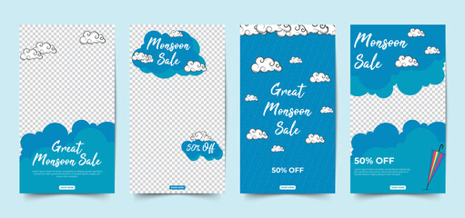 Monsoon season sale stories  social media template with clouds, umbrellas and rain. blue background.