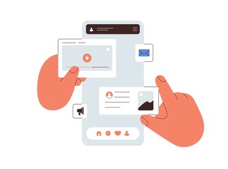 Ui UX design of mobile phone application. Hands creating abstract social media app interface, making layout, arranging content on web platform. Flat vector illustration isolated on white background