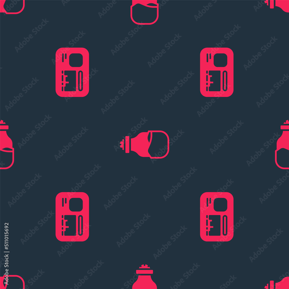 Poster set identification badge and spice in can on seamless pattern. vector