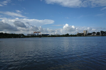 ciuperca lake in tulcea romania in a cloudy summer day with artesial fountain