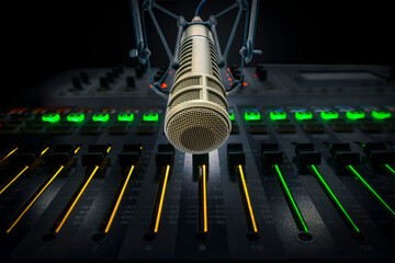 Professional microphone and sound mixer in radio station studio