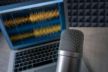 Background with a professional microphone and wave form on screen