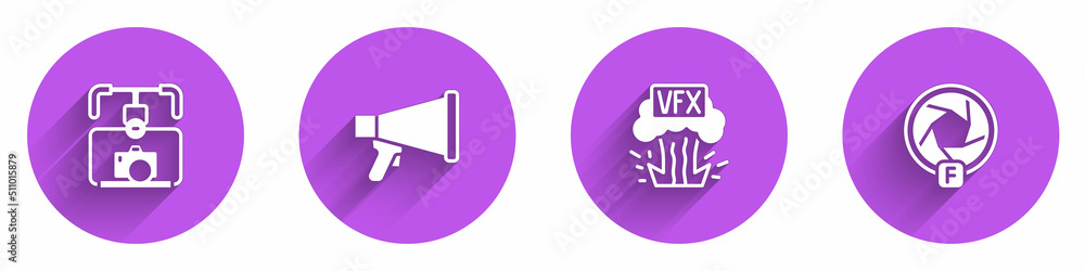 Poster set gimbal stabilizer with camera, megaphone, vfx and camera shutter icon with long shadow. vector
