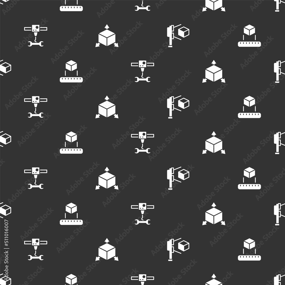 Aufkleber set 3d scanner with cube, isometric, printer wrench spanner and on seamless pattern. vector