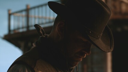 Cowboy entering the wild west city, CU on gun and holster. Spaghetti, macaroni western style...