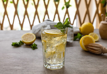 A glass of naturally fermented, probiotic honey lemonade soda.