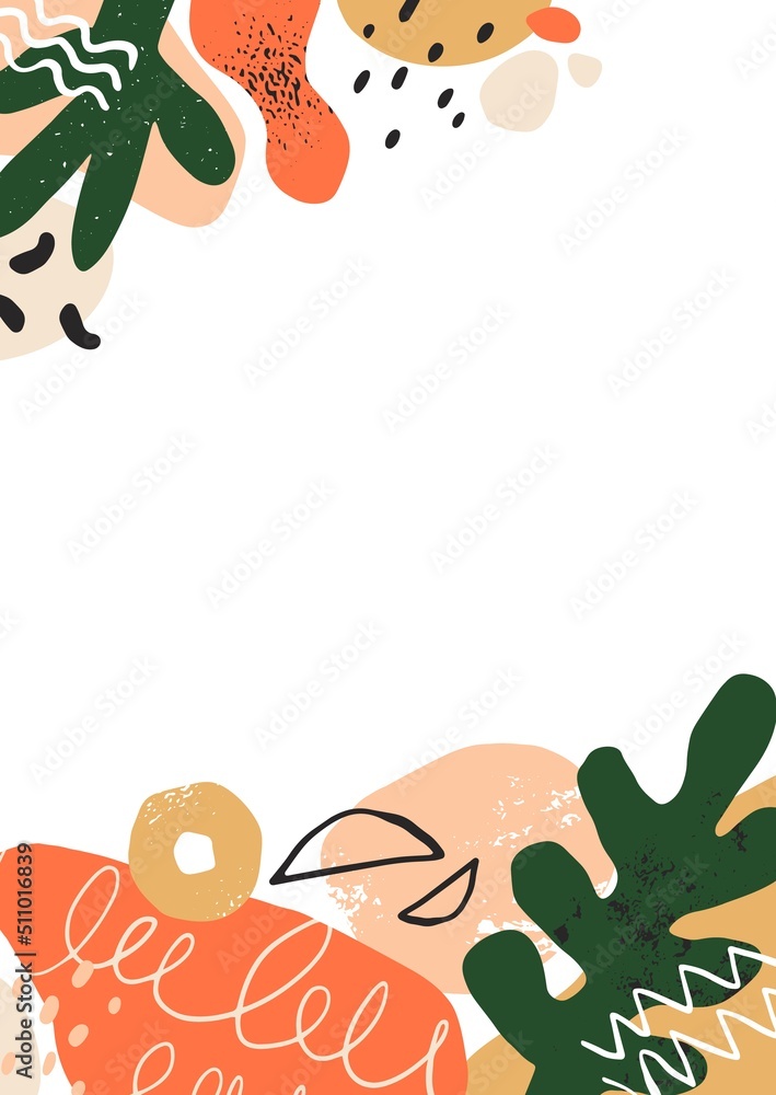 Poster Modern card design with abstract creative doodle shapes, leaf. Trendy vertical banner with minimalistic fluid organic elements pattern and background for text. Colored flat vector illustration